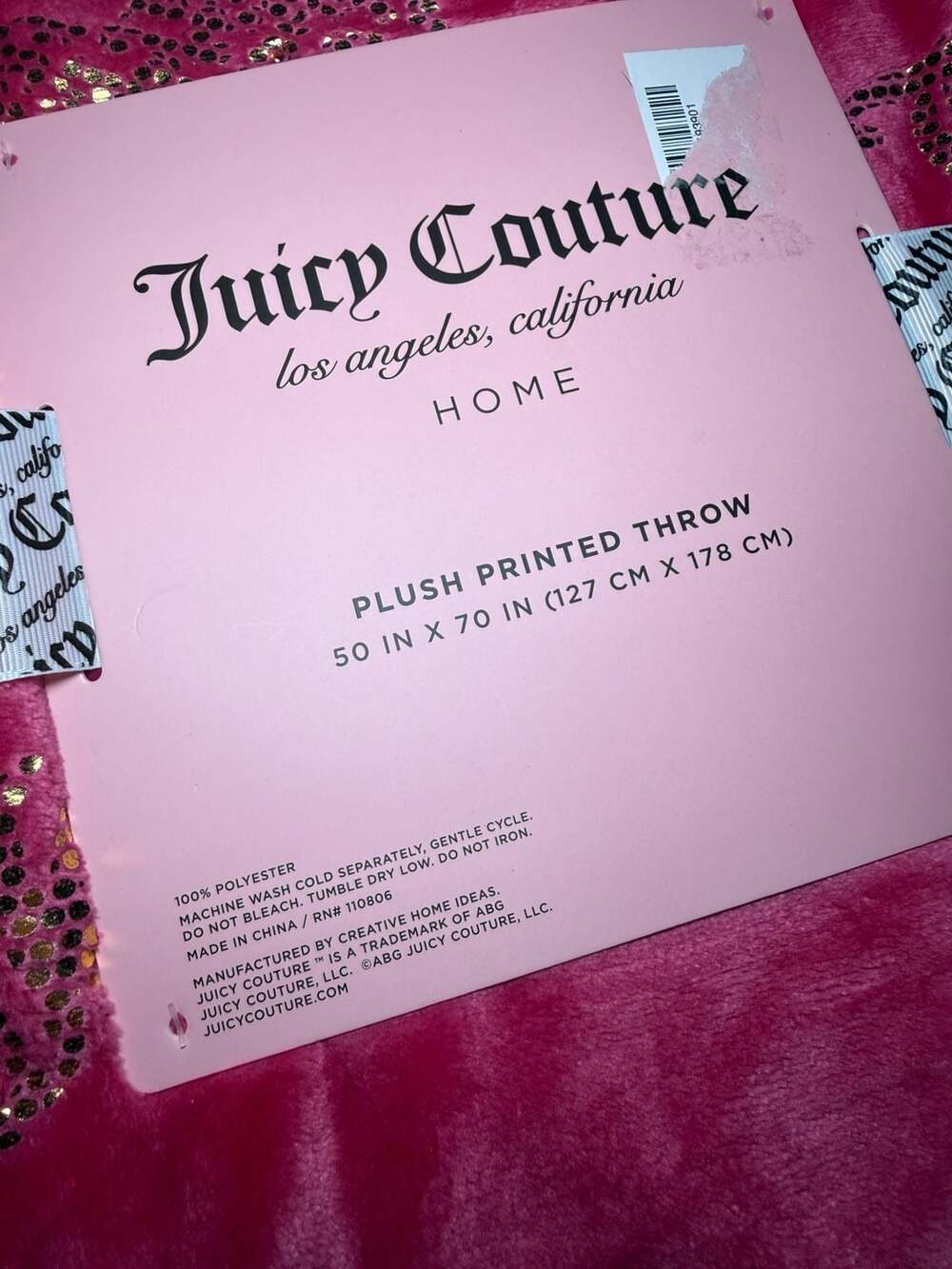 Juicy Couture Pink Gold Foil Bow and Chain Crown Plush Blanket & Bath Towel Set